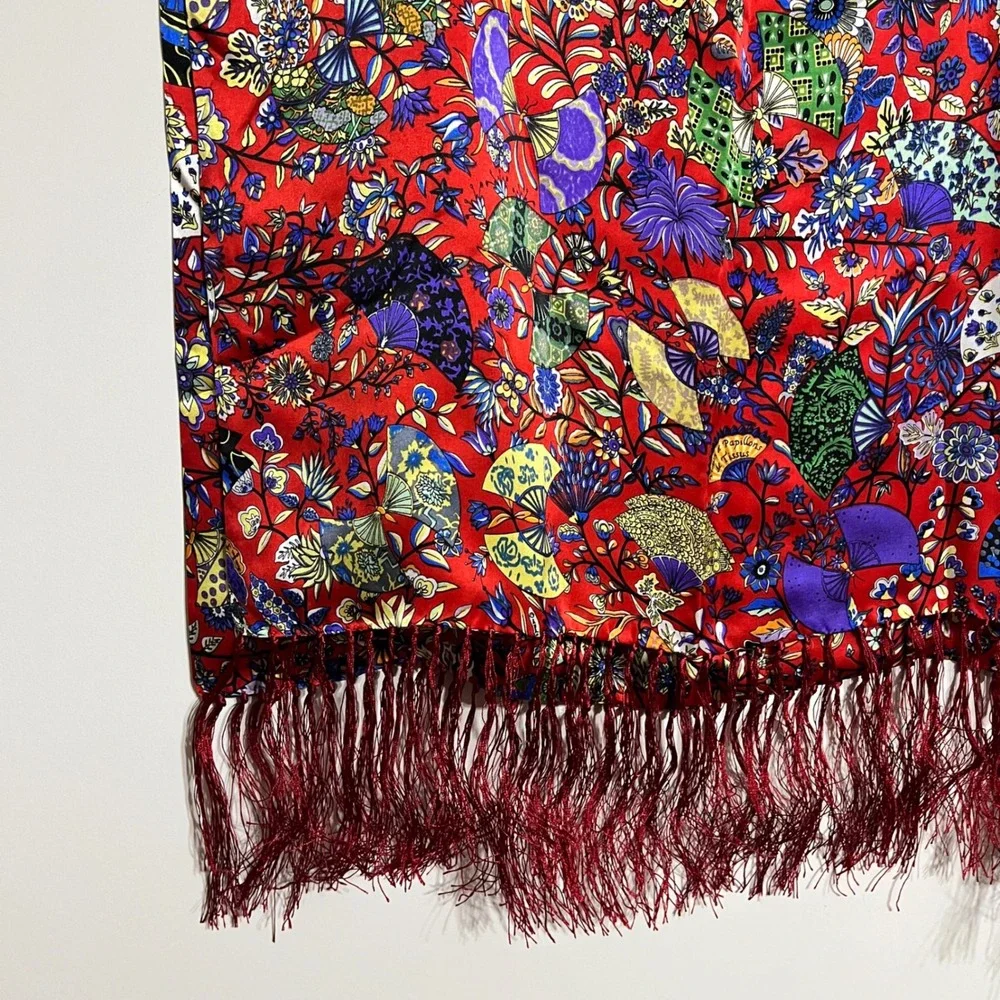 Handmade 100% Silk‎ Scarf Red Floral Butterfly Fan Print Fringe Wrap 22x62